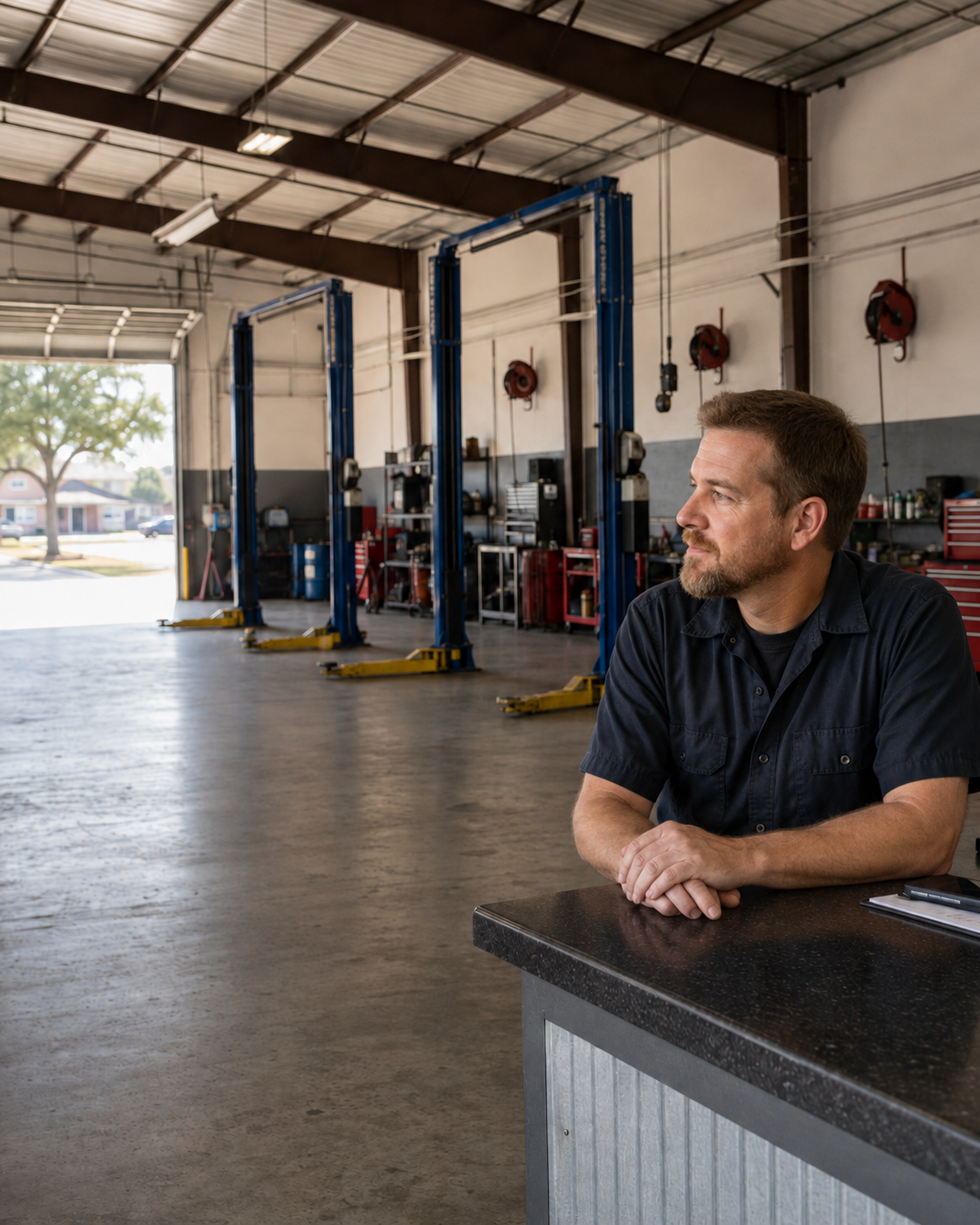Auto shop owner standing at a quiet front counter
