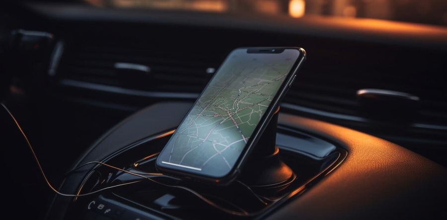 Phone mounted on a car dashboard showing a map