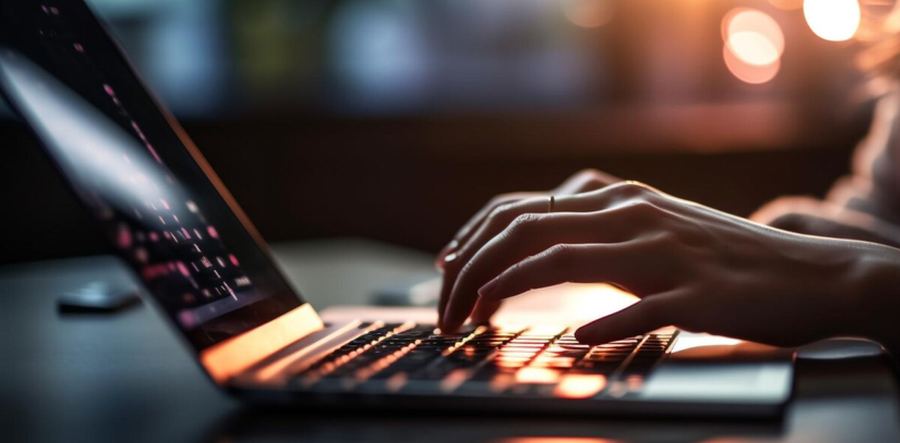 Hands typing on a laptop at night